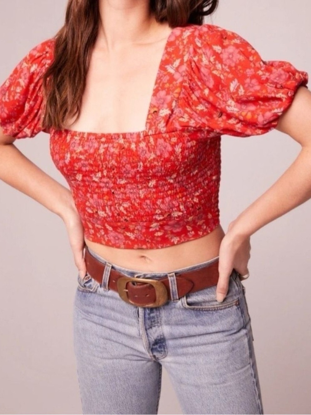 Band of the Free Red Floral Smocked Square-Neck Crop Top